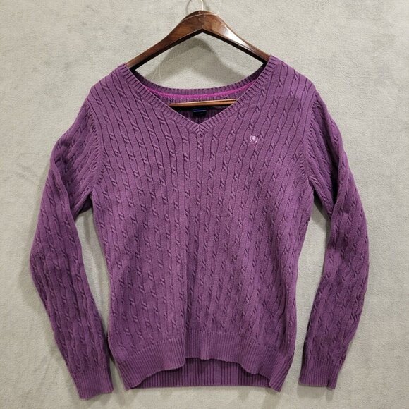 IZOD V Neck Cable Knit Sweater Women's Large Crest Casual Office Warm Cozy Comfy - Picture 1 of 6